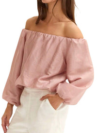 CRESCENT Liana Off Shoulder Bubble Hem Top in dusty pink - women's blouse - detail view