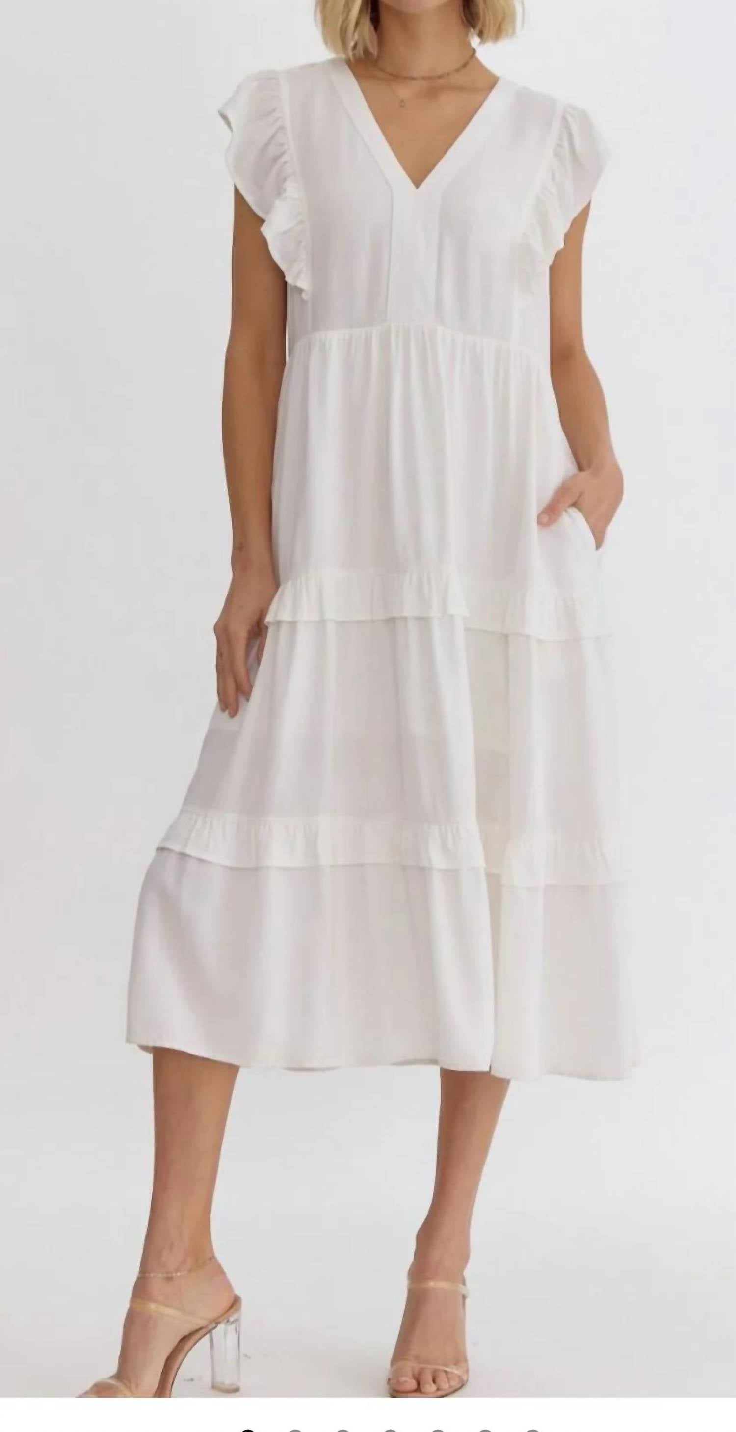 Entro - V-Neck Ruffle Sleeve Tiered Midi Dress