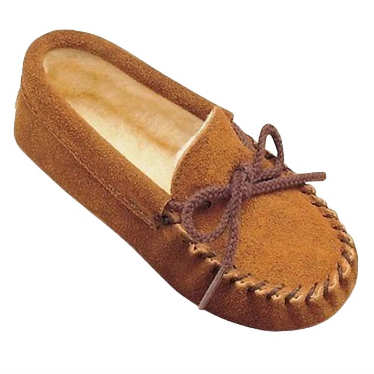 MINNETONKA Kid's Suede Pile Lined Softsole Moccasin in brown 1 - kids' shoe