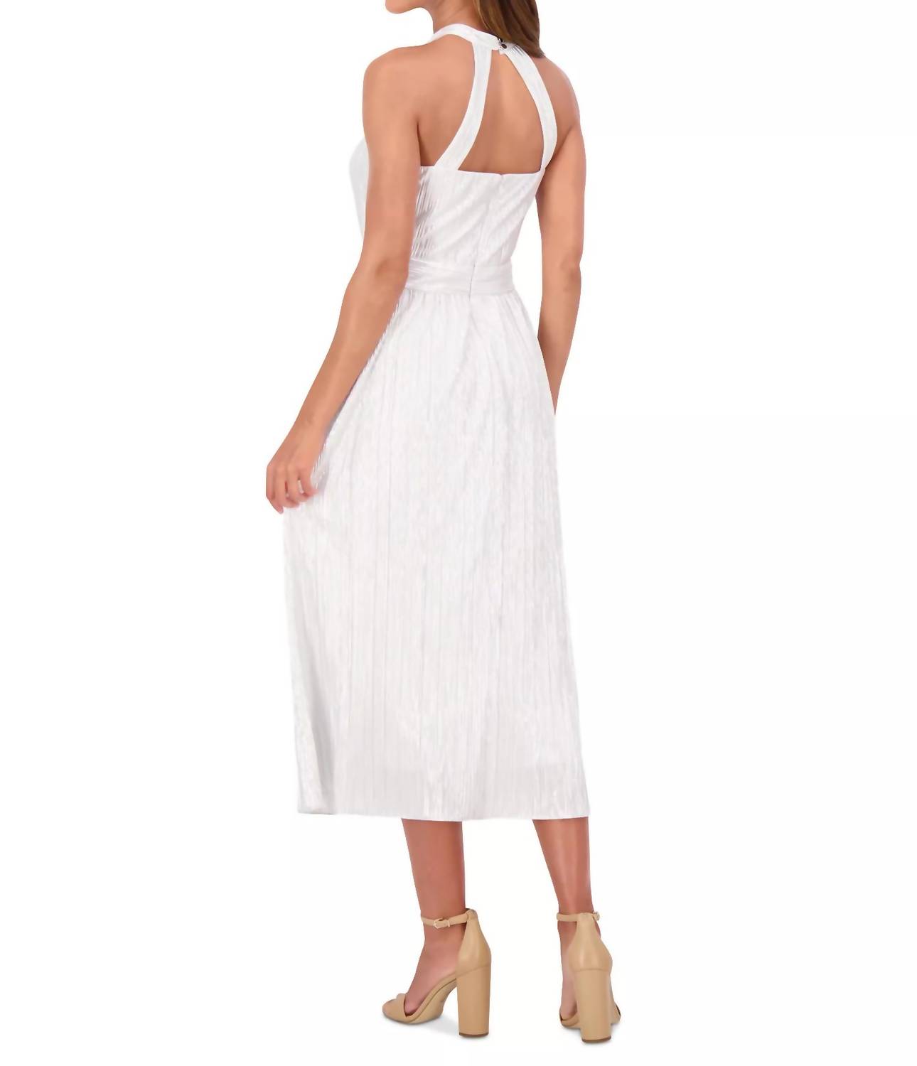 kensie Metallic Pleated Keyhole-cutout Maxi Dress in silver - women's dress - detail view