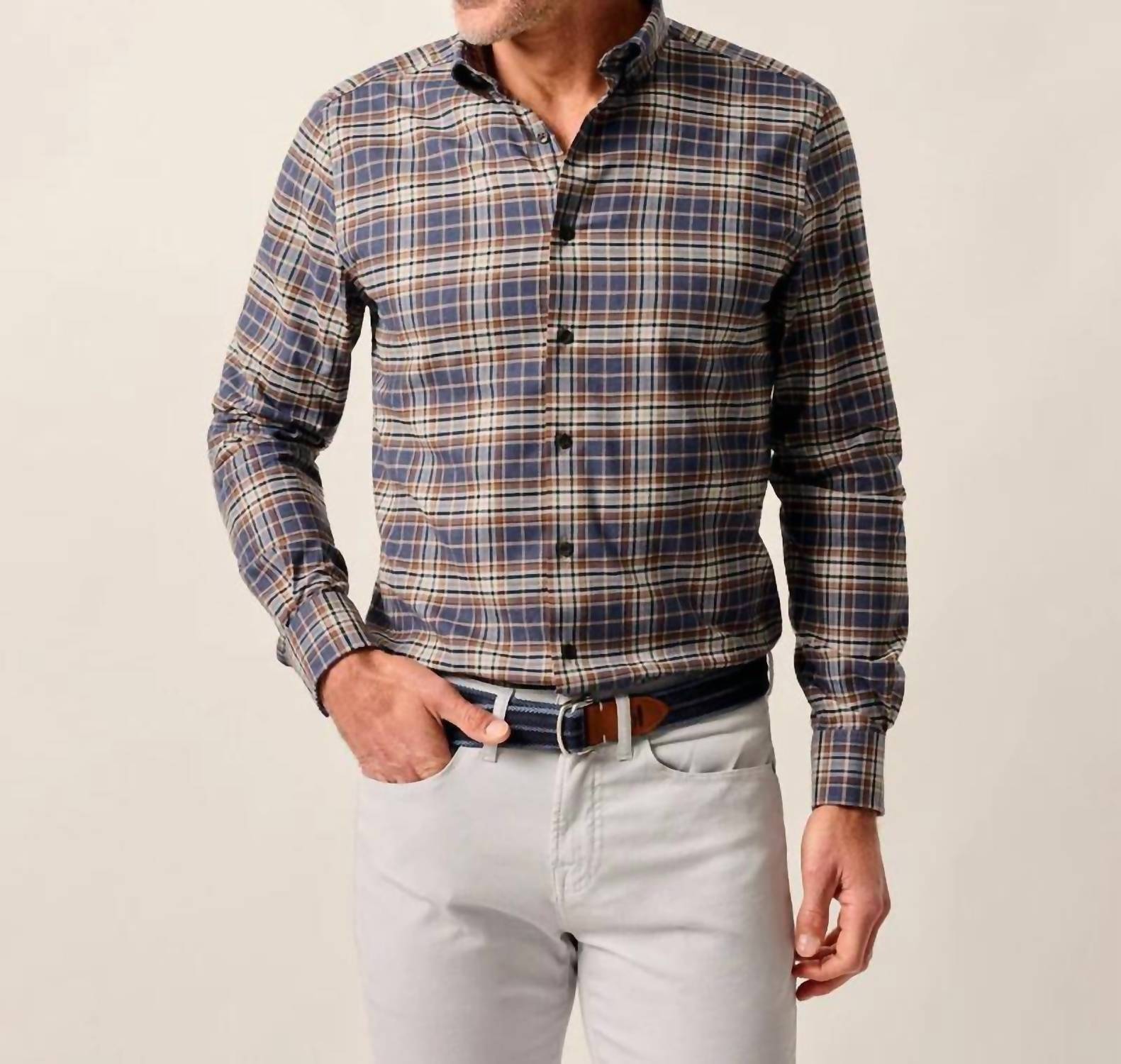 JOHNNIE-O Men's Kamper Performance Flannel Button Down Shirt in charcoal - men's long sleeve top