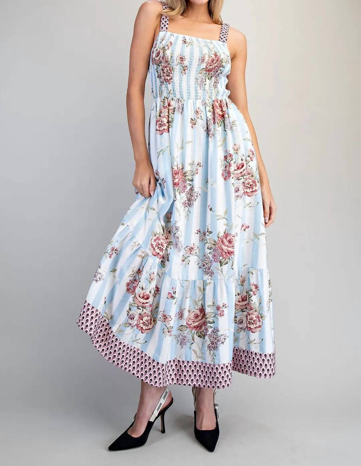 Ee:Some - Floral Striped Contrast Strap Maxi Dress