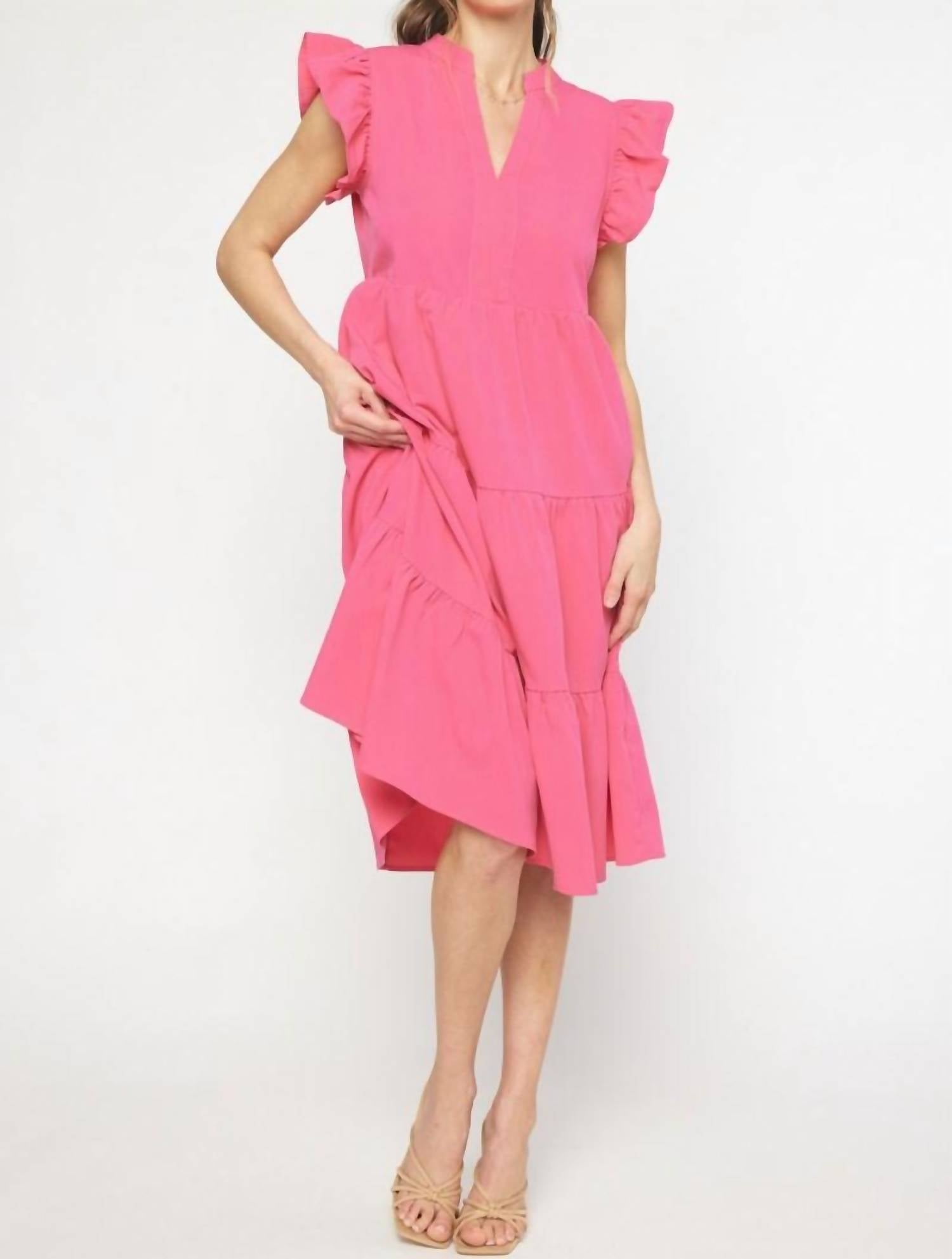 entro Ruffled Pocket Tiered Midi Dress in hot pink - women's dress