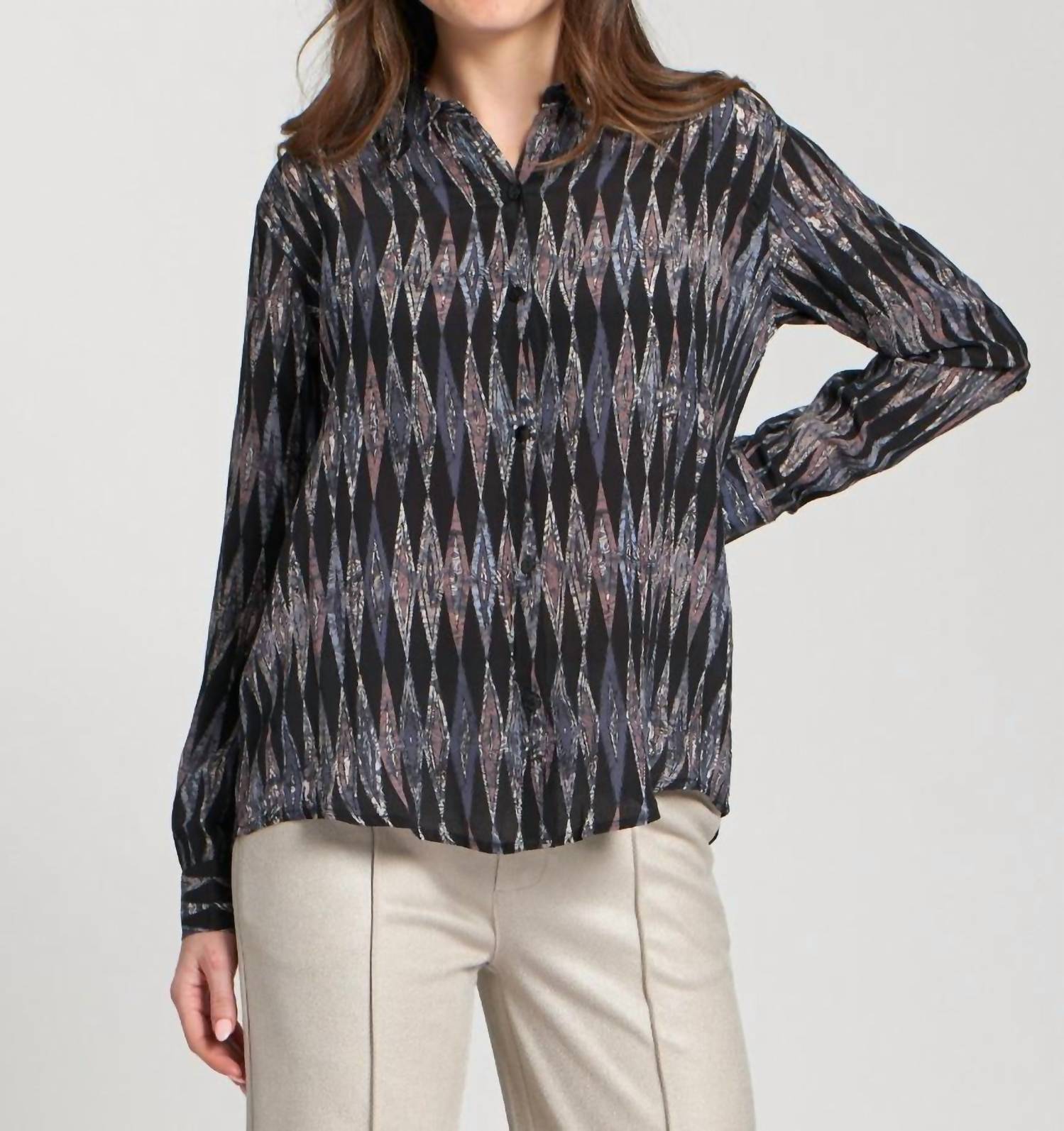 APNY Roll-up Sleeves Button-up Blouse in black multi - women's blouse