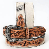 American Darling - Women's Hair-on Cowhide Belt With Floral Tooled Leather Inlays And Western Buckle