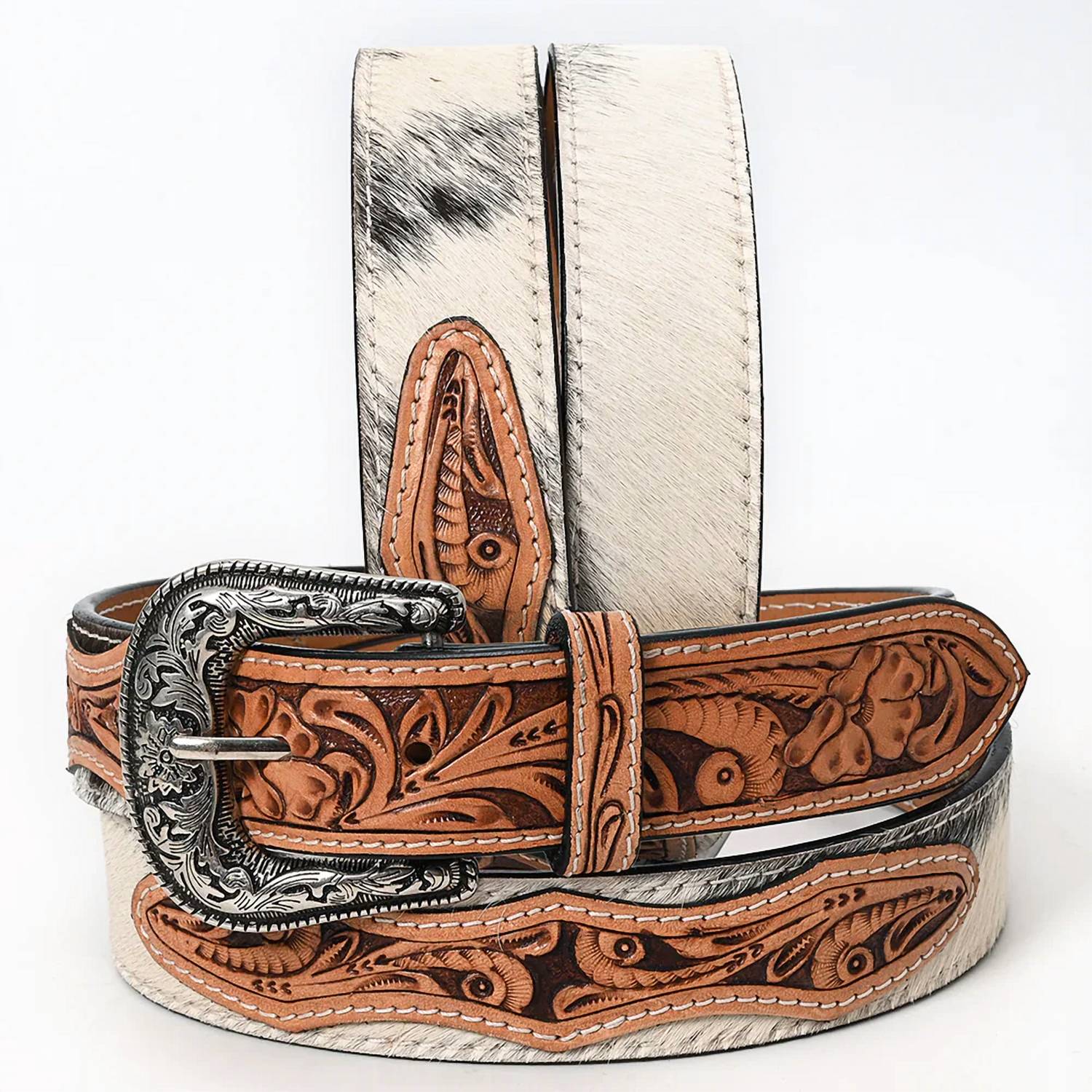 American Darling - Women's Hair-on Cowhide Belt With Floral Tooled Leather Inlays And Western Buckle