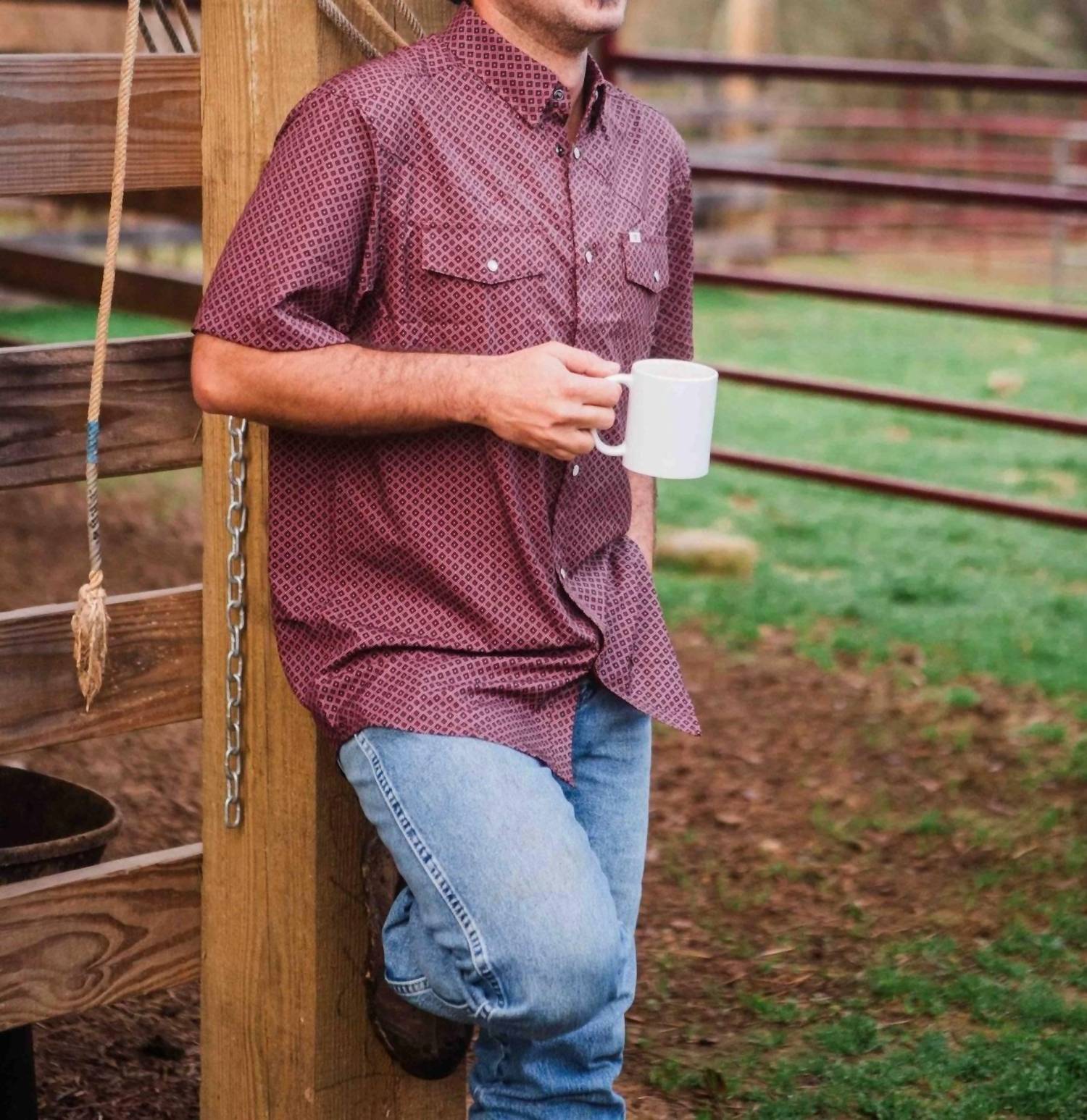 Ferrell Nicholas Pearl Snap Short Sleeve Shirt in burgundy - men's shirt