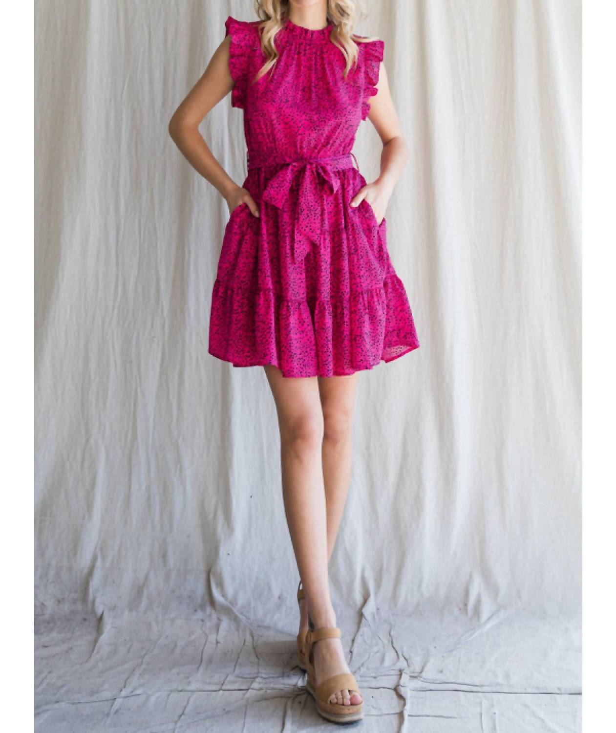 Jodifl - Frilled Neck Ruffle Sleeve Dress With Pockets