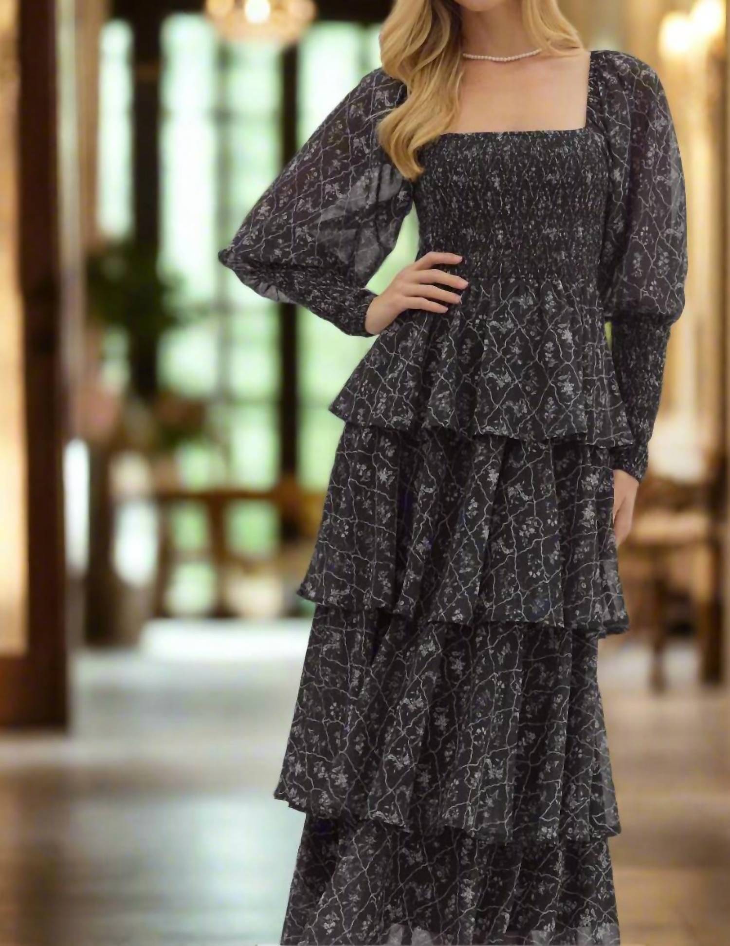 Entro - Tiered Floral Puff Sleeve Maxi Dress
