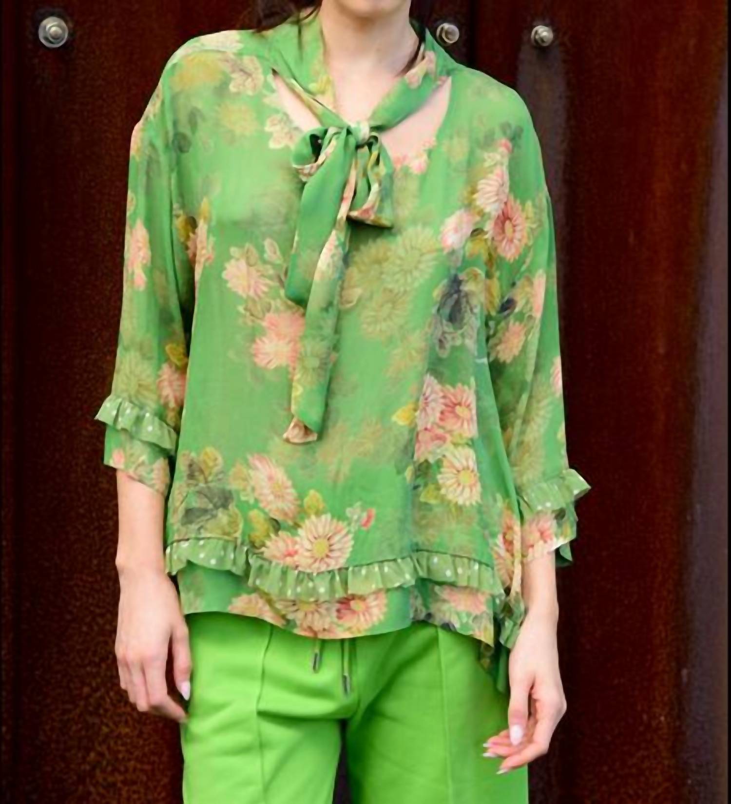 Curate Tie-neck Long Sleeve Blouse in green - women's blouse