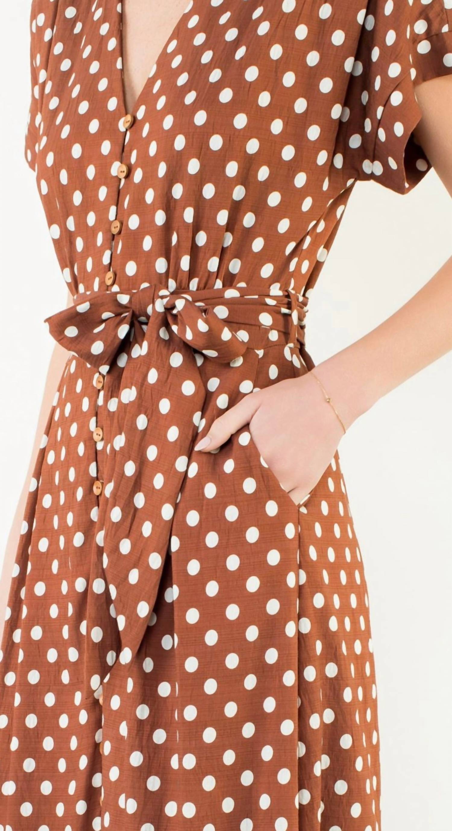 THML Short Sleeve Polka Dot Midi Dress in brown - women's dress - view 4