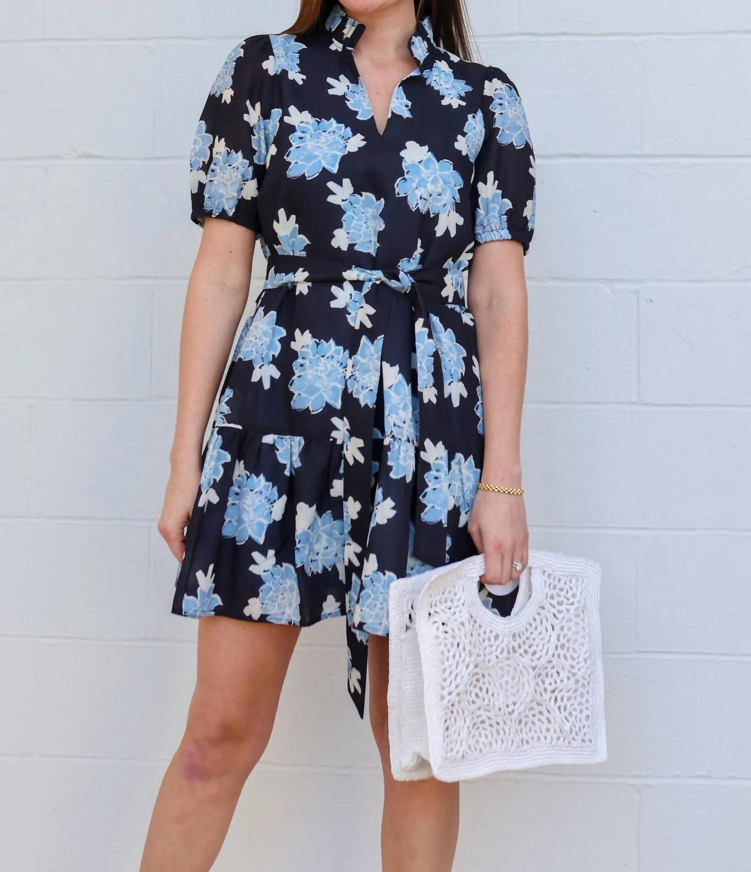 Joy Joy SPLIT NECK FLOUNCE DRESS in midnight floral - women's dress