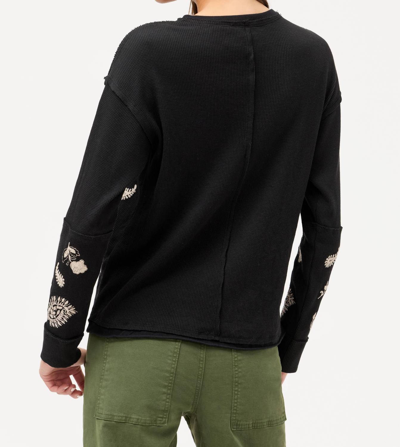 Johnny Was PATCHWORK THERMAL DANIELA TOP in black - women's long sleeve top - detail view