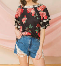 Flying Tomato - Tiered Ruffle Sleeve Floral Print Top