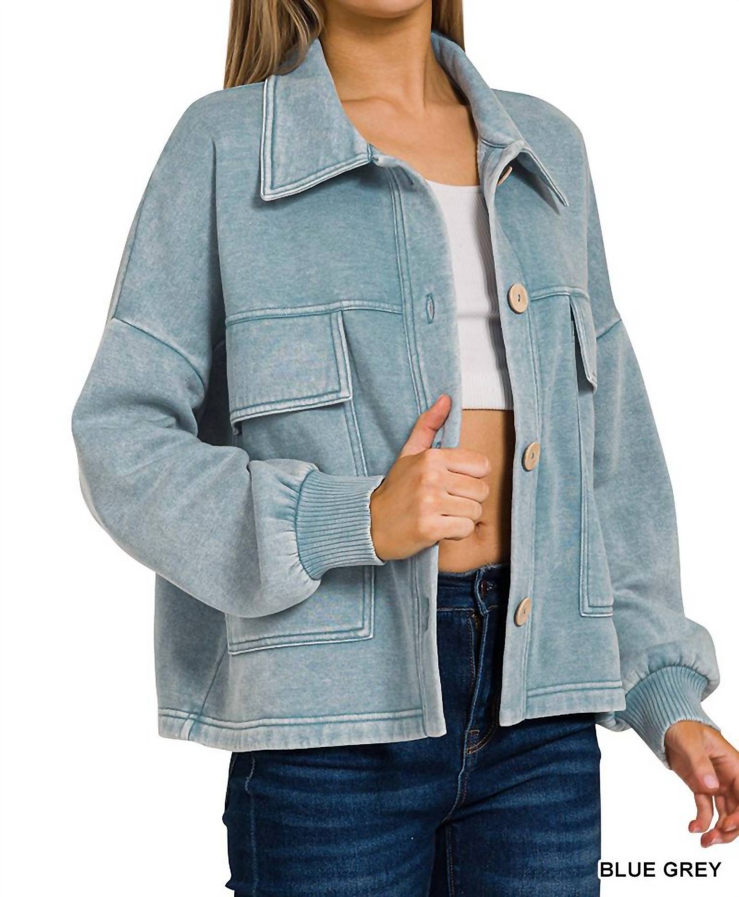 Zenana - Acid Wash Fleece Cropped Shacket With Front Pockets