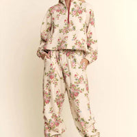 Davi & Dani - Susan Flower Bouquet Sport Top Elastic Waist Pants Set