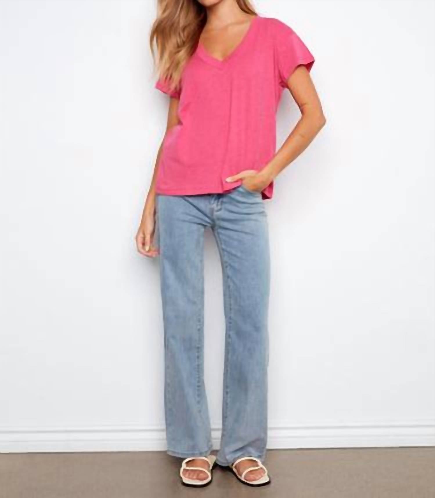 CHARLIE B Organic Cotton Drop Shoulder V-neck T-shirt in fuchsia - women's t-shirt - view 4
