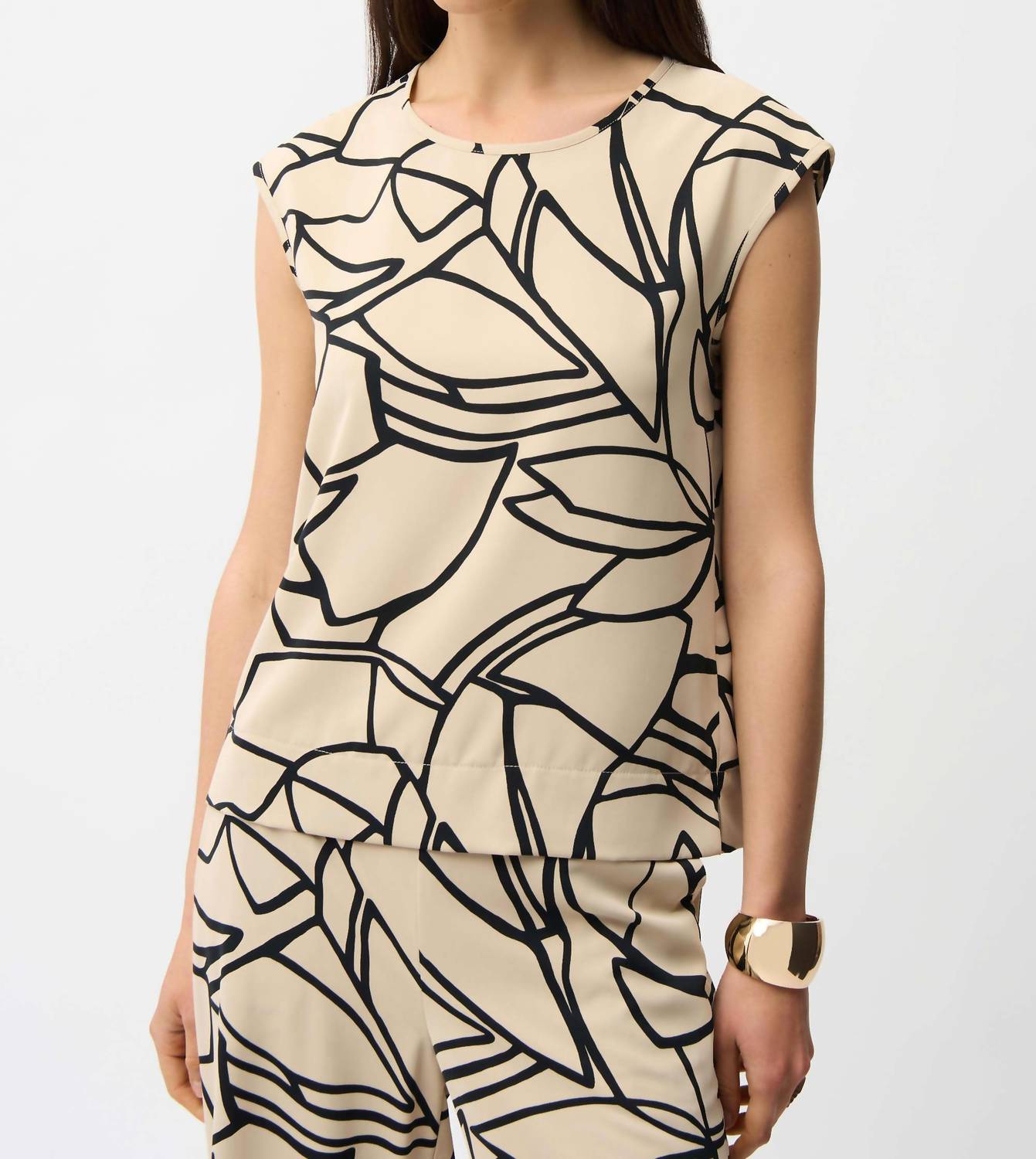Joseph Ribkoff Recycled Woven Abstract Print Boxy Top in beige black - women's blouse