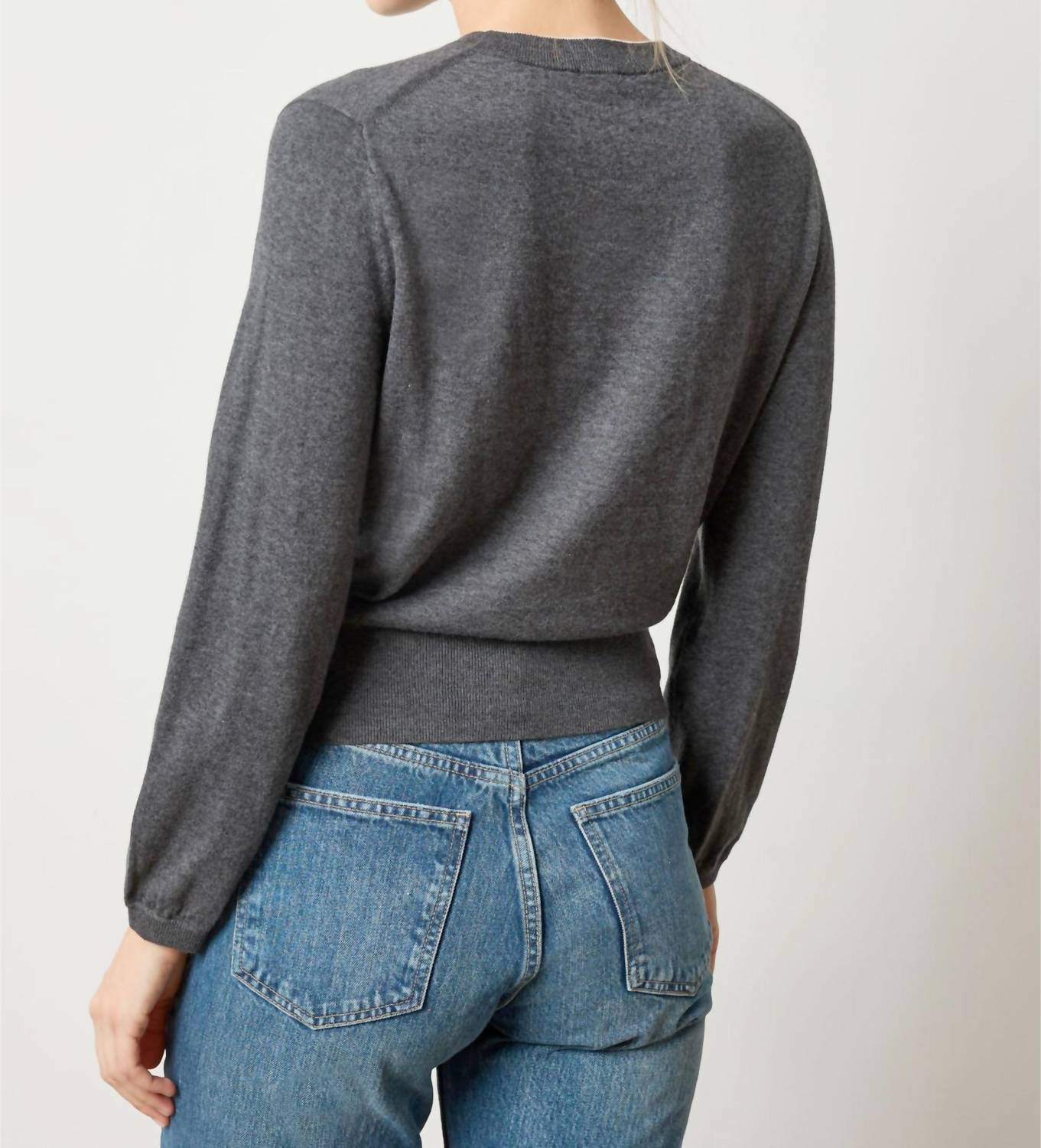 Lilla P Pleated Sleeve Crewneck Sweater in licorice - women's sweater - detail view