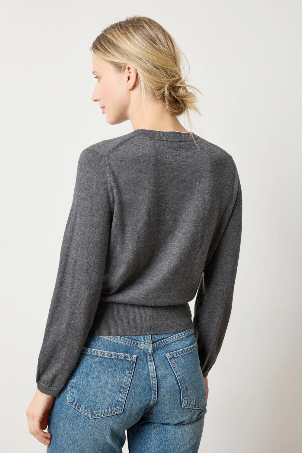 Lilla P Pleated Sleeve Crewneck Sweater in licorice - women's sweater - alternate view