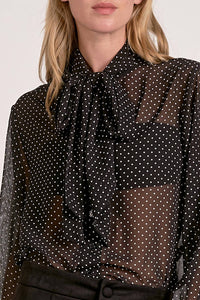 Elan - Polka Dot Bow Tie Blouse Top