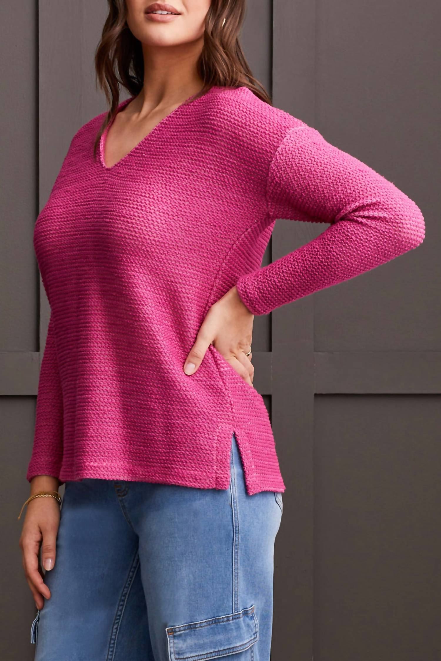 Tribal - V-neck Tunic Sweater With Side Slits