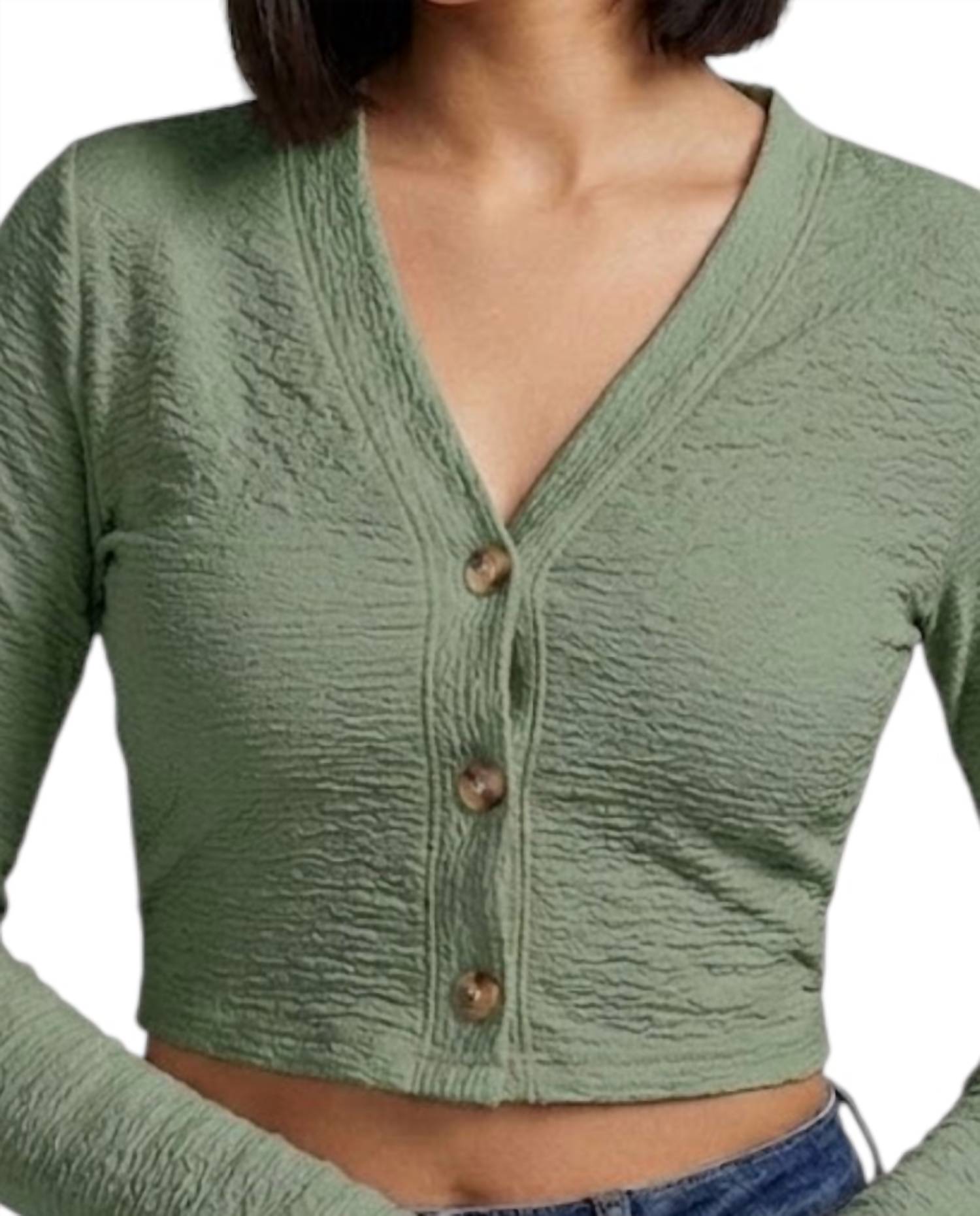 Double Zero Classic Crop Button down Top in sage green - women's shirt - detail view
