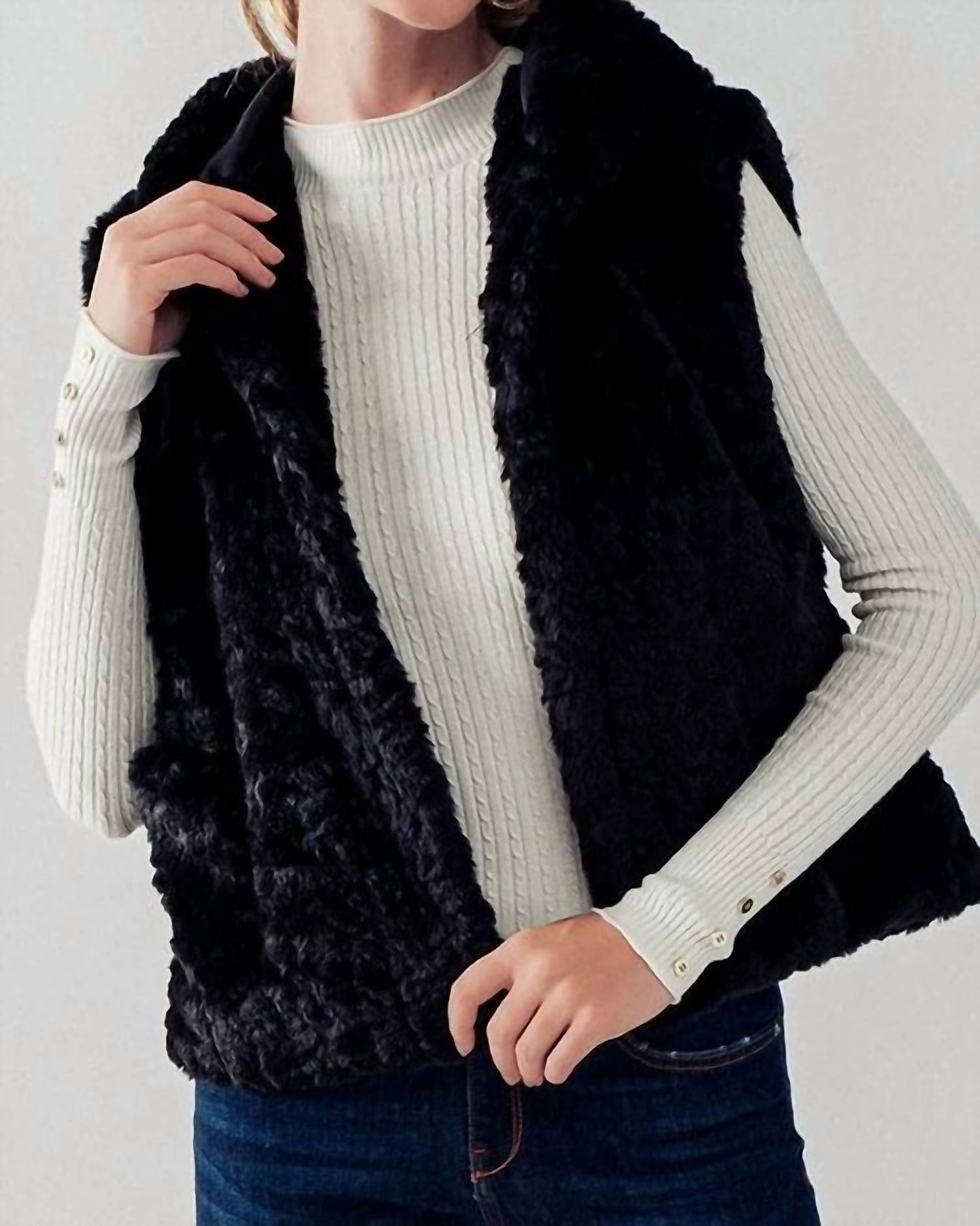 Trend:Notes - Sleeveless Open Front Sherpa Fleece Vest With Hoodie