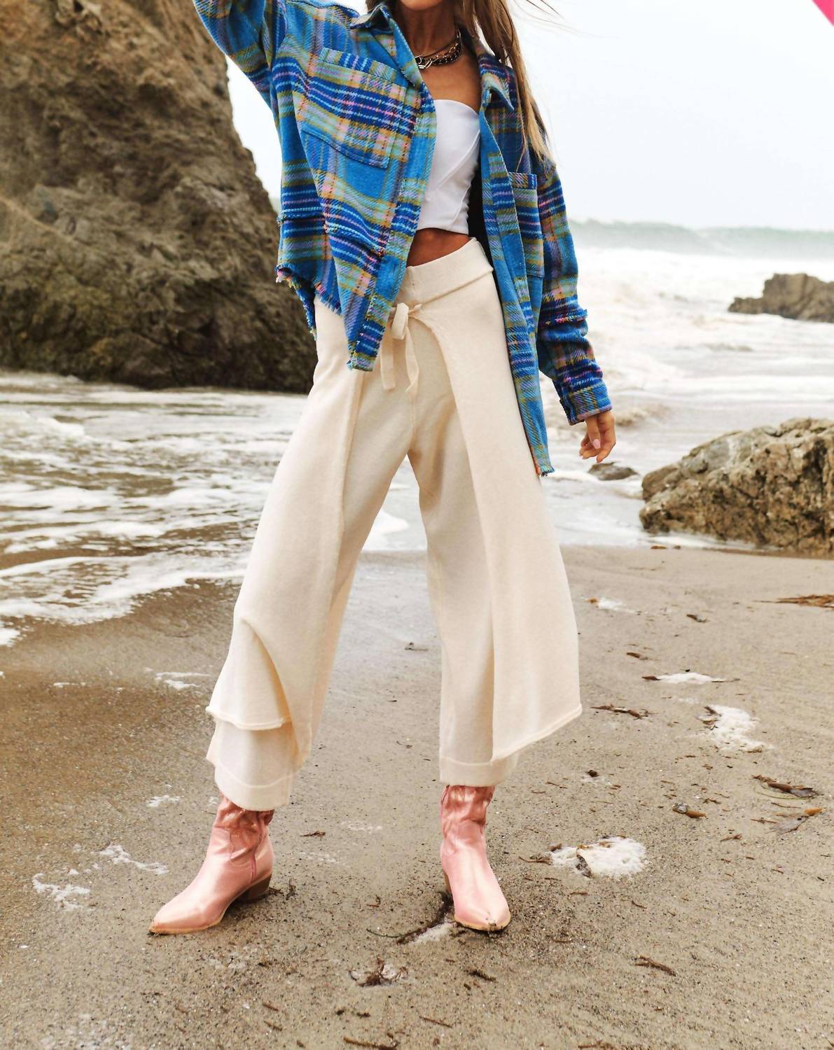 Davi & Dani - Multi Plaid Fringe Hem Shirt Jacket Shacket
