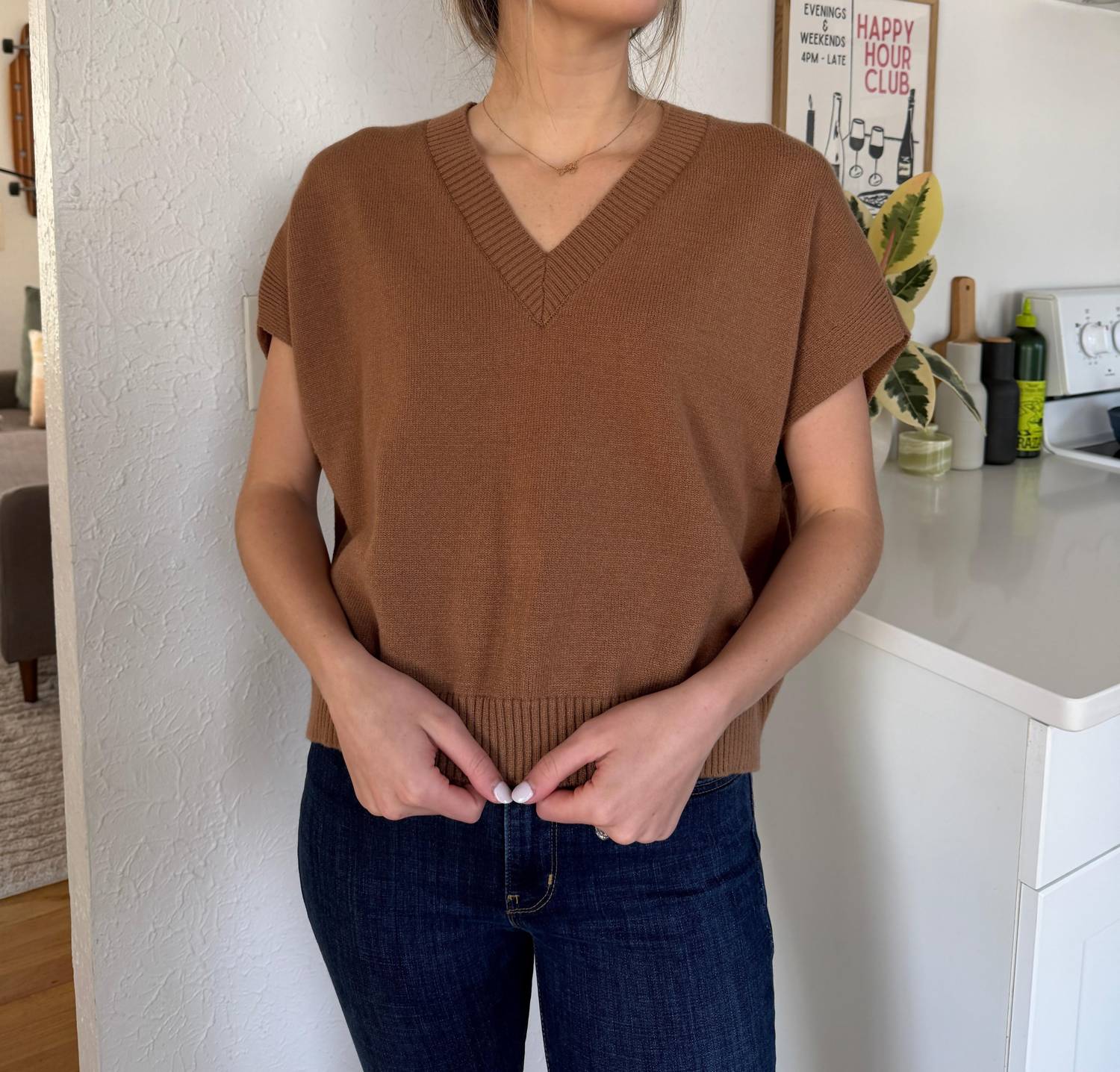 PINCH Gia V Neck Knit Sleeveless Top in camel brown - women's sweater