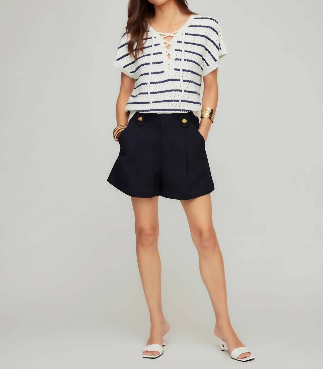 Fifteen Twenty Cassidy Pleated Shorts in navy - women's shorts