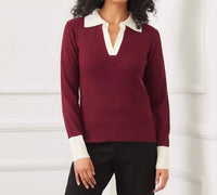 Karen Kane Contrast Ribbed Polo Sweater in wine with cream - women's sweater - view 5