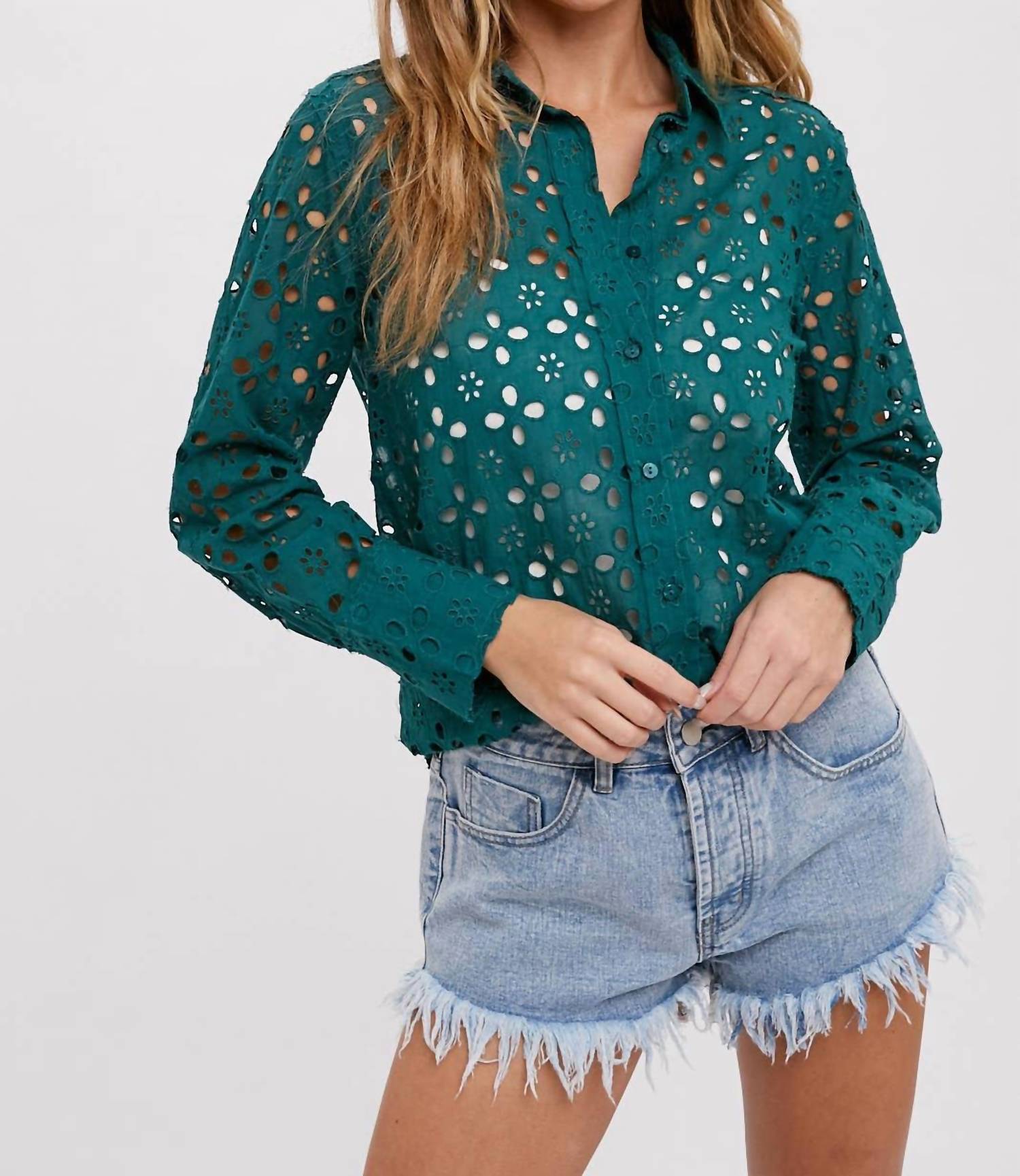 Bluivy - Eyelet Long Sleeve Button Down Top