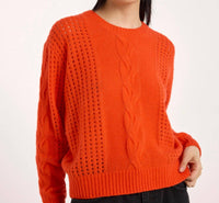 Brodie Cashmere Amara Cable Cashmere Silk Crewneck Jumper in persimmon - women's sweater - detail view