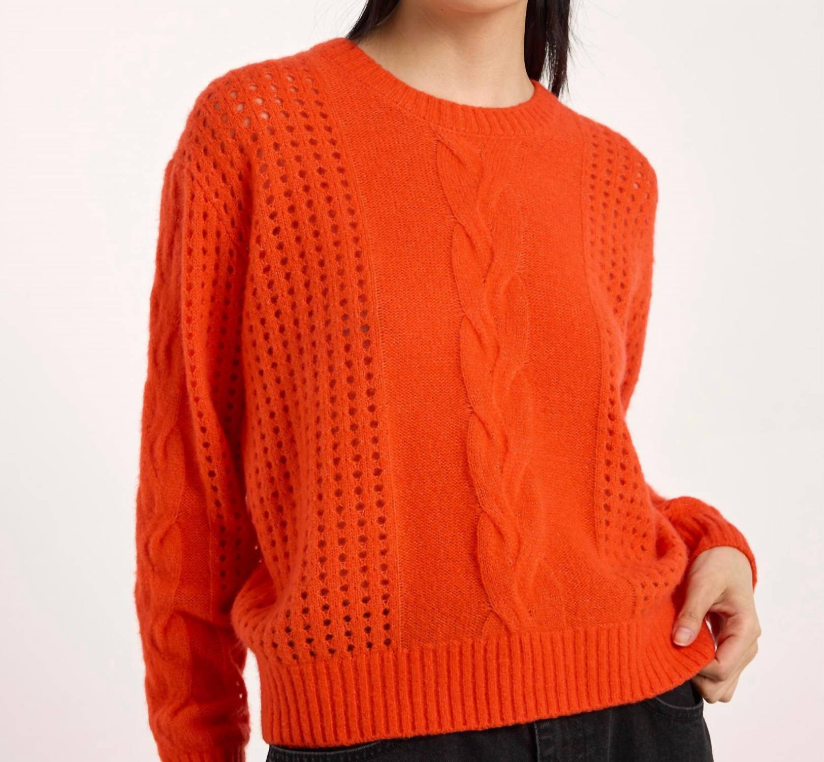 Brodie Cashmere Amara Cable Cashmere Silk Crewneck Jumper in persimmon - women's sweater - detail view