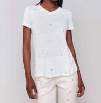 CHARLIE B Short Sleeve Tee With Embroidered Flowers in multi on natural - women's t-shirt
