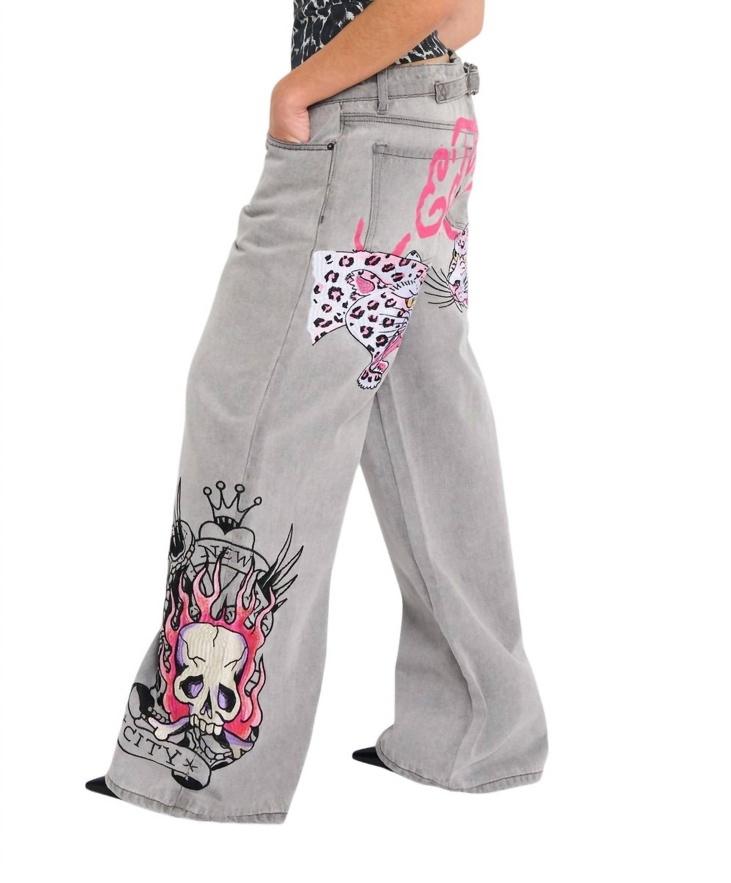 Ed Hardy Skull Flame Baggy Jeans in light grey - women's jeans - view 5