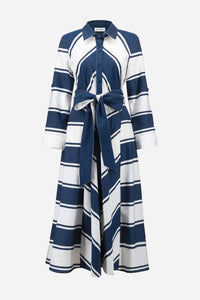 Joseph Ribkoff Cotton Stripe Print Fit and Flare Dress with Sash in navy white - women's dress - view 5
