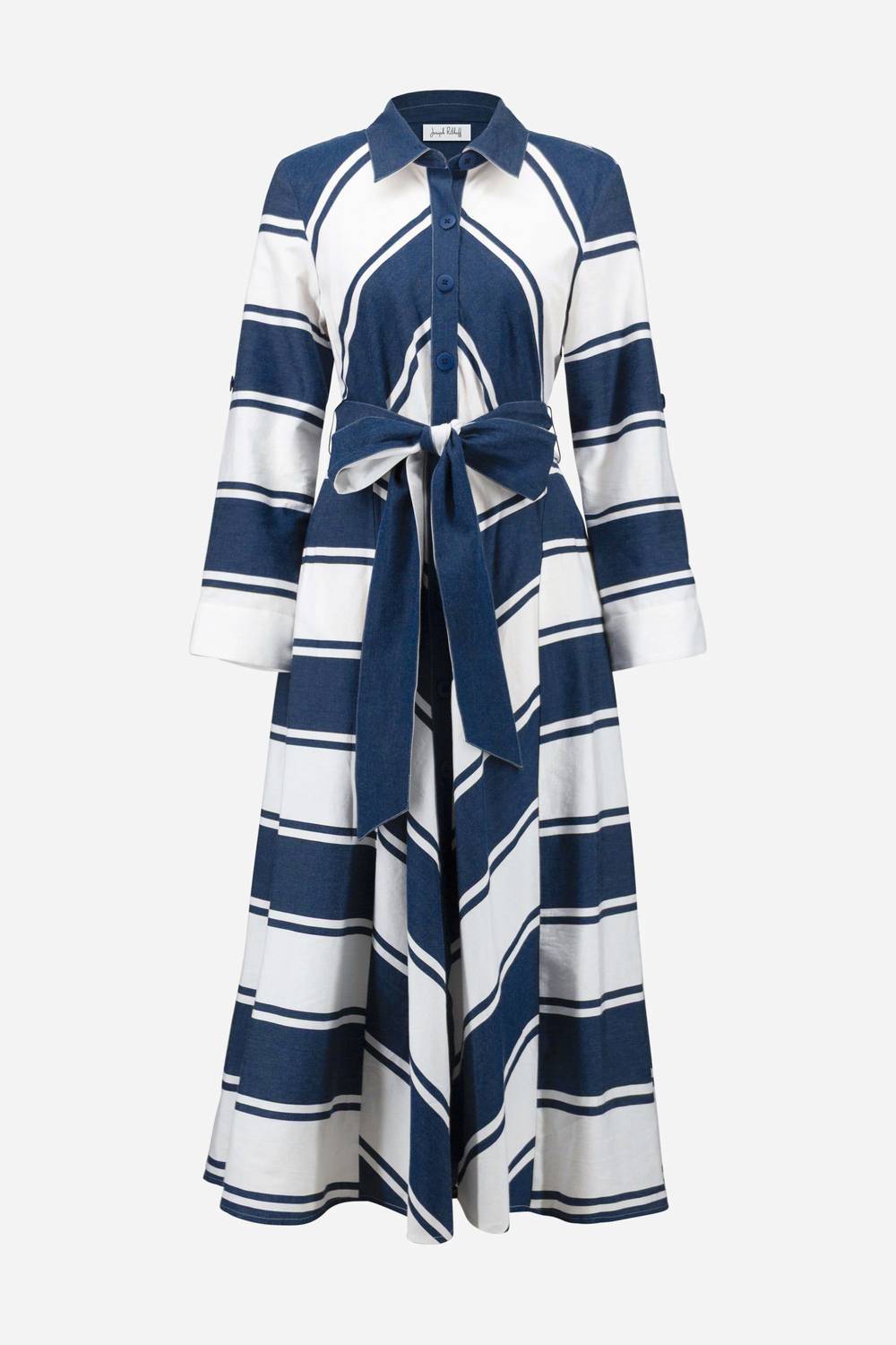 Joseph Ribkoff Cotton Stripe Print Fit and Flare Dress with Sash in navy white - women's dress - view 5
