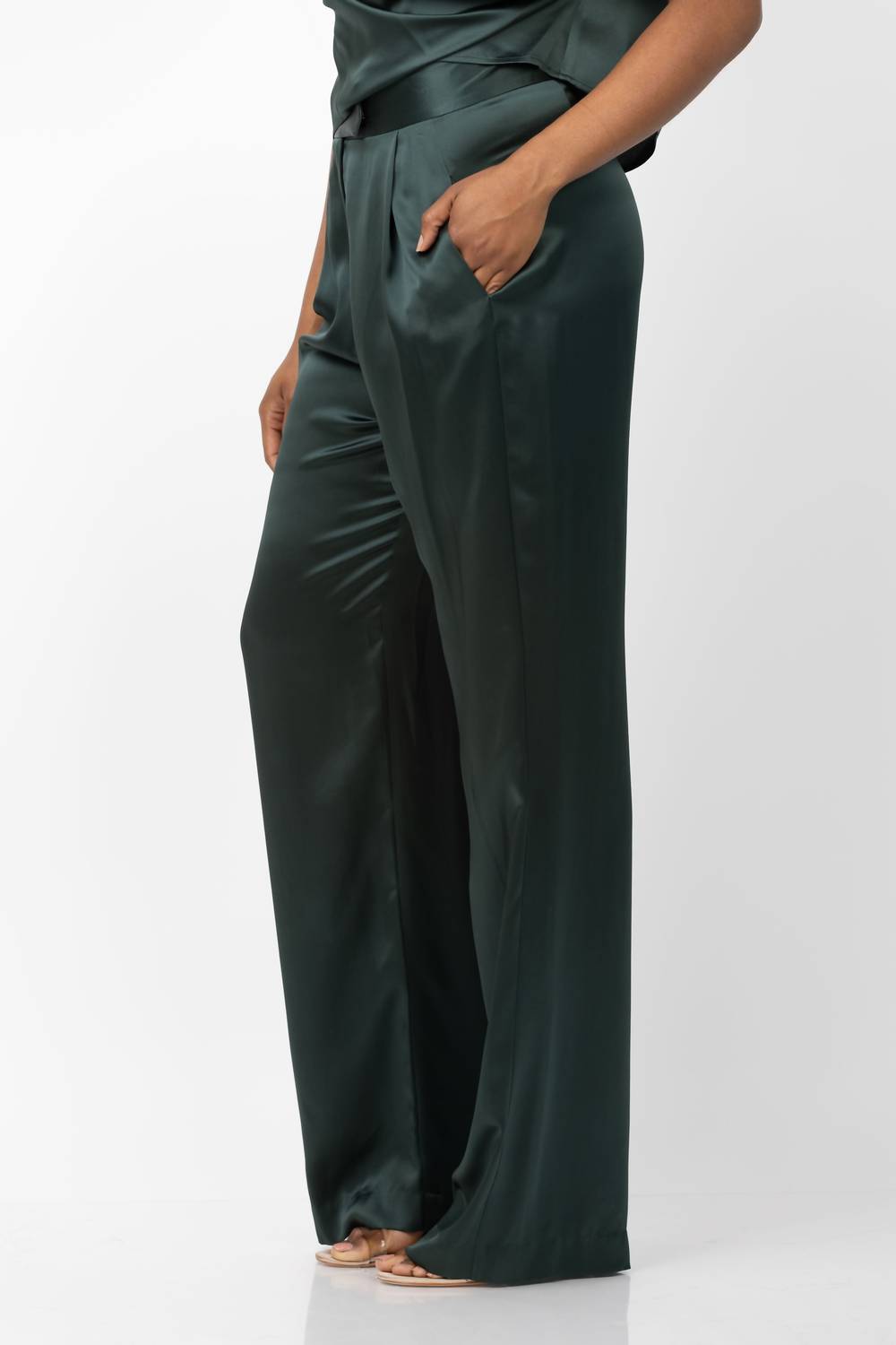 THE SEI Wide Leg Silk Trousers in hunter green - women's pants - detail view
