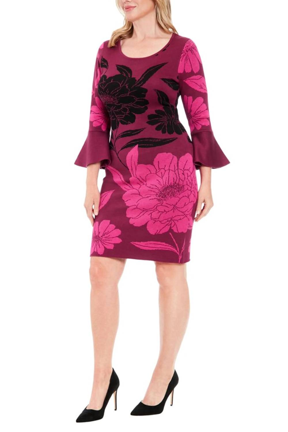 London Times - Floral Bell Sleeve Sweater Dress