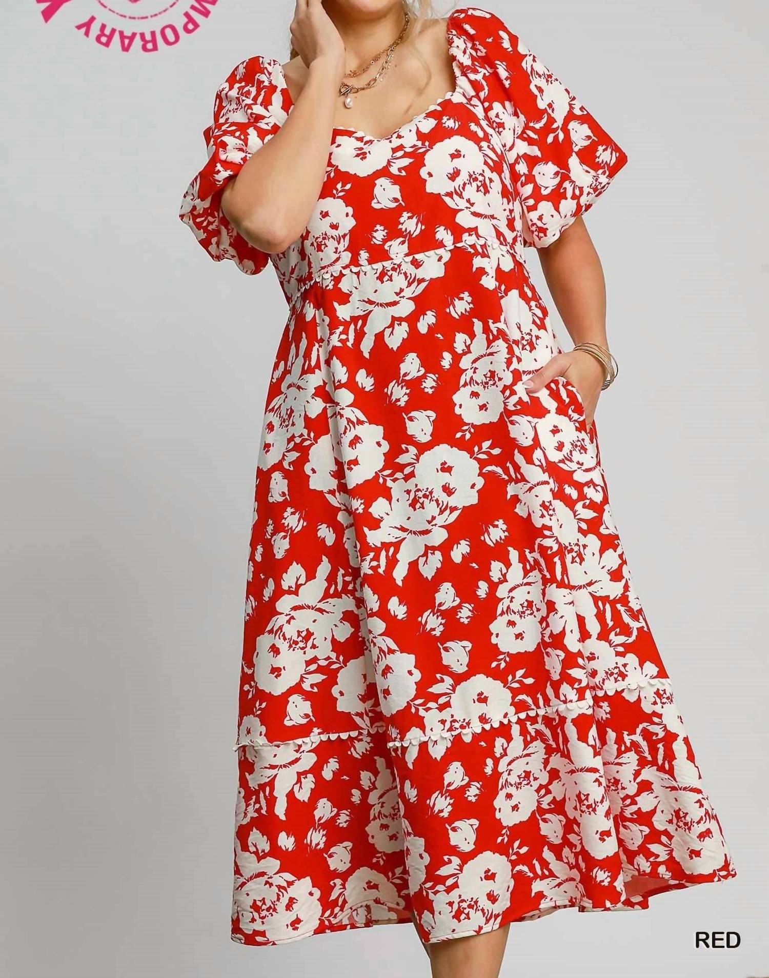 Umgee - Floral Midi Dress With Trim Details - Plus