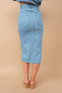 Blue B Mid Rise Fitted Button Up Midi Denim Pencil Skirt in light wash - women's skirt - detail view