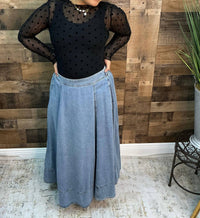 In February - Washed Denim Favorite Flair Midi Skirt With Contrast Stitch