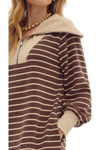 Entro - Misha Stripped Zipper Neckline Sweatshirt Dress