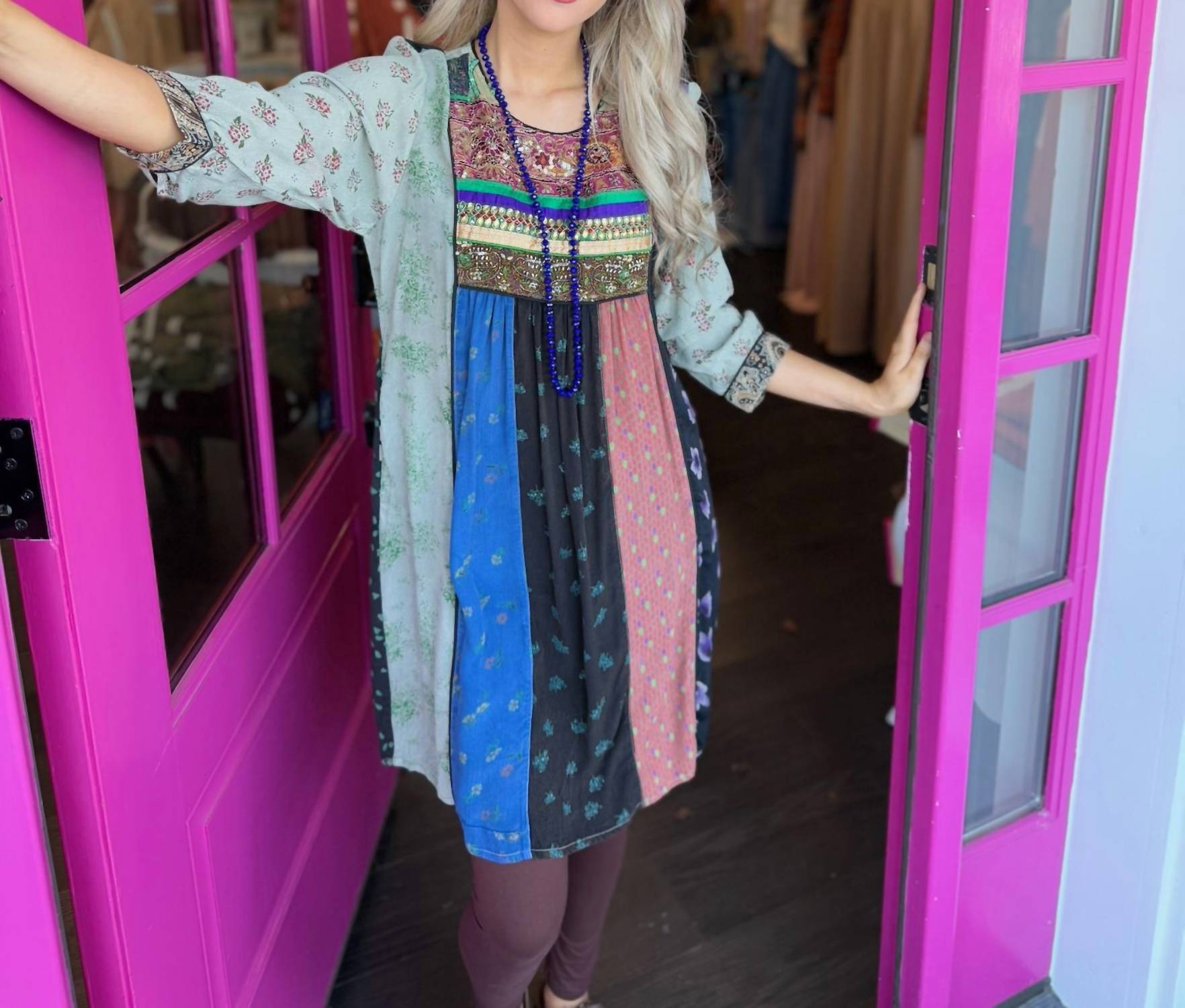 Young Threads - Embroidered Patchwork Mini Dress With Pockets