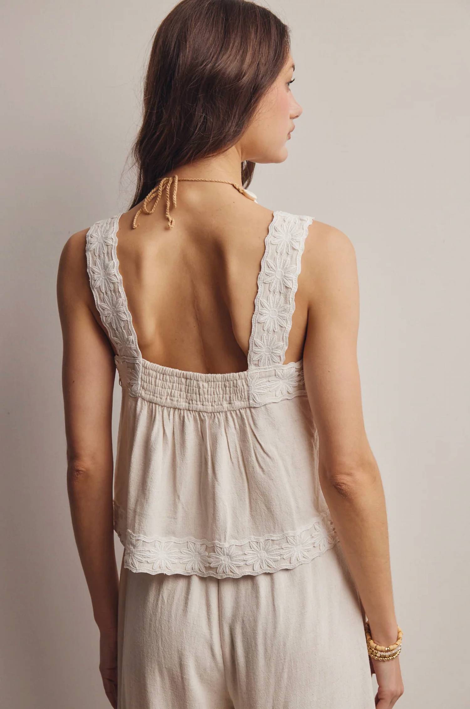 Forte - Embroidered Square-neck Tank & Pants Set