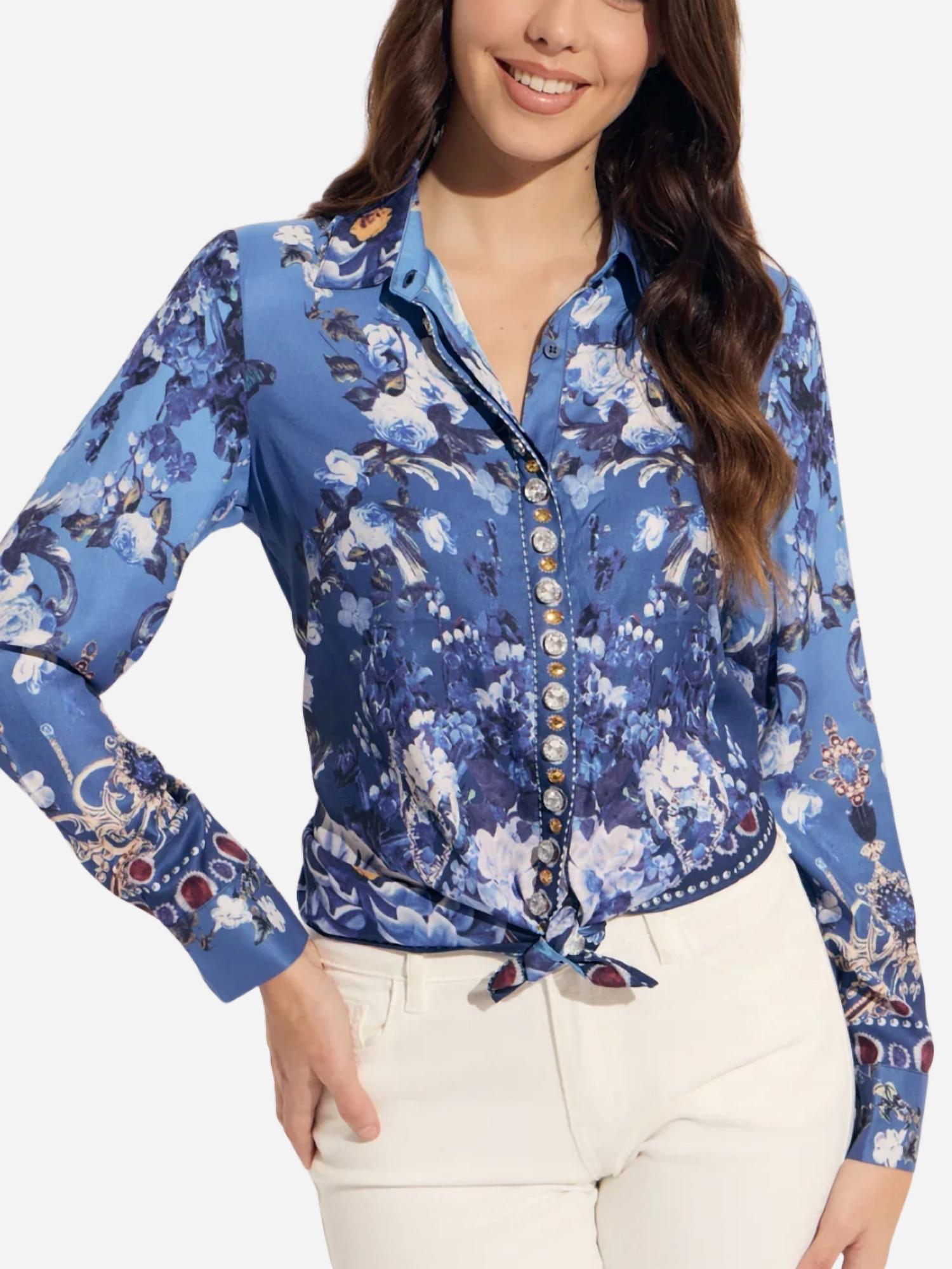 oolala Jewel Floral Blouse in indigo blue - women's blouse - detail view
