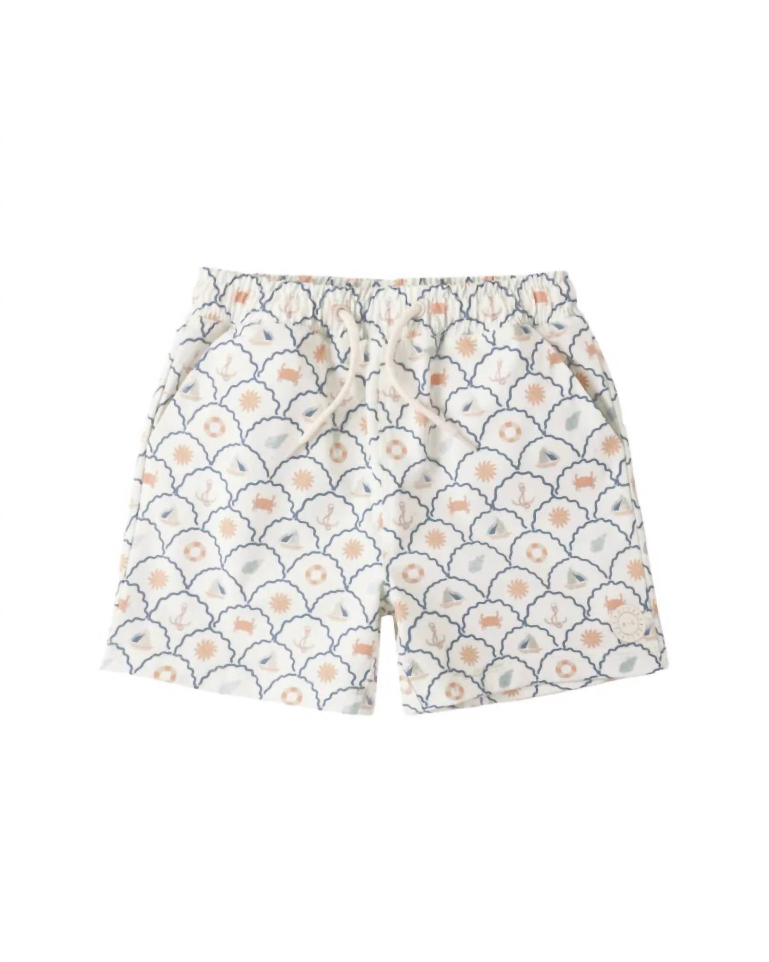 Rylee + Cru Nautical Boardshorts in ivory - kids' shorts - detail view