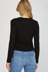 She + Sky - Long Sleeve Side Drawstring Ruched Cutout Knit Top
